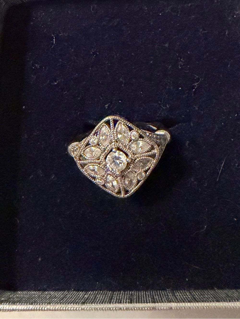 Premier Silver-Tone Filigree Ring with Clear Center Stone